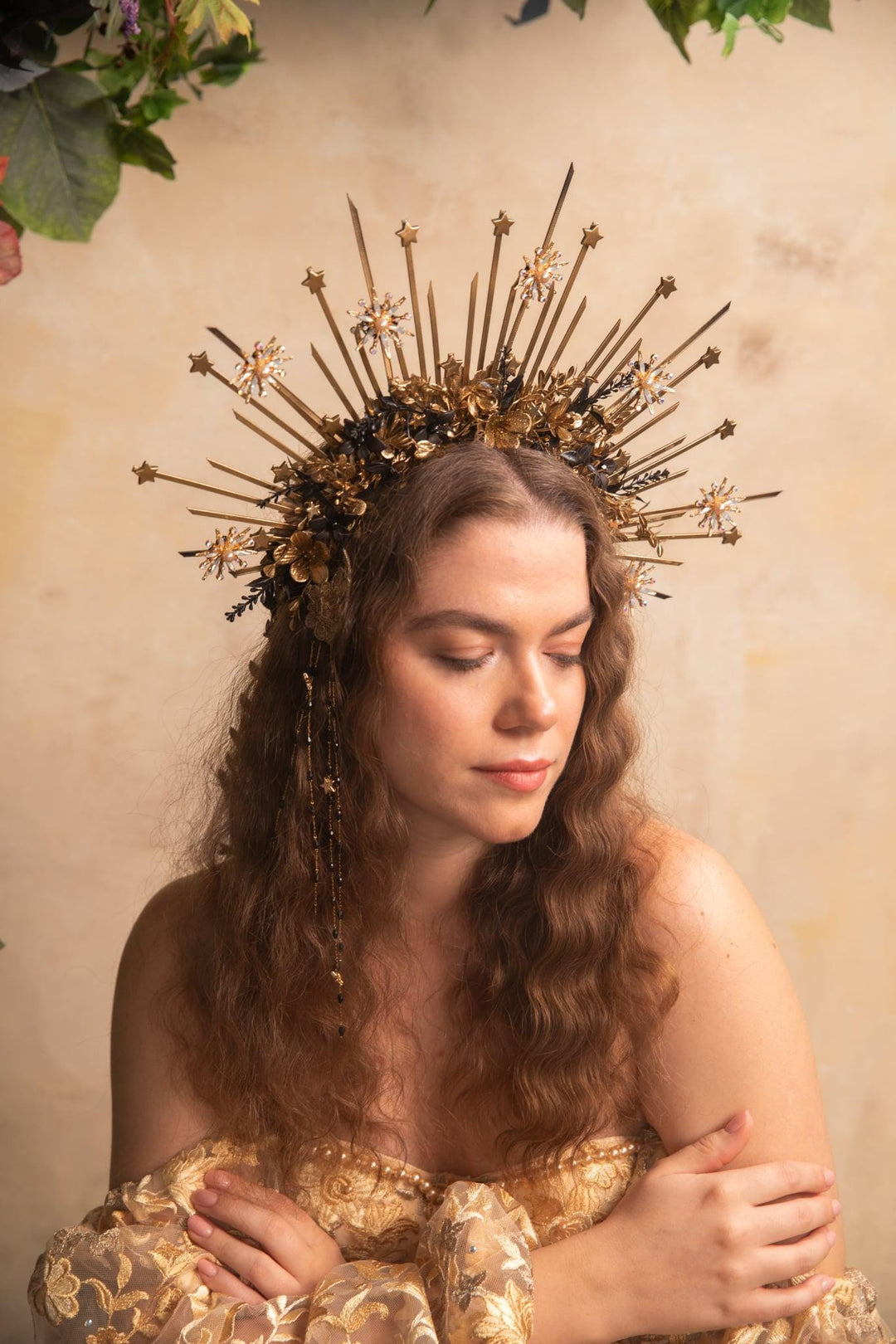 Gold and black Halo Crown: Luxury Bridal Headpiece with veil – handmade floral hair accessory by magaela