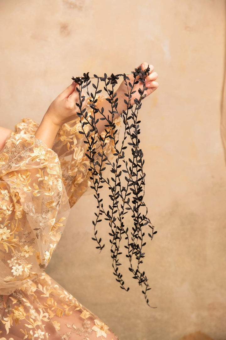 Gold and black Halo Crown: Luxury Bridal Headpiece with veil – handmade floral hair accessory by magaela