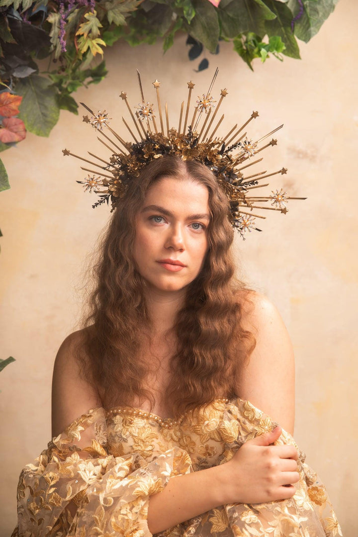 Gold and black Halo Crown: Luxury Bridal Headpiece with veil – handmade floral hair accessory by magaela