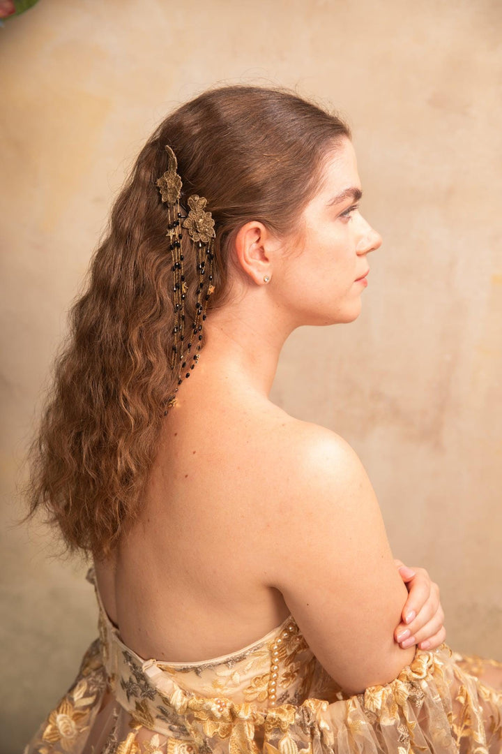 Glam Flower Hair Clip: Beaded Lace Chain, Elegant Wedding Hair Accessory – handmade floral hair accessory by magaela