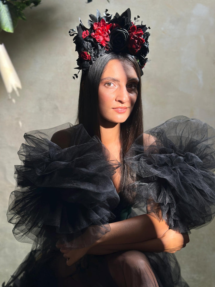 Black & Red Frida Flower Headband – Halloween Floral Crown, Statement Boho Headpiece – handmade floral hair accessory by magaela