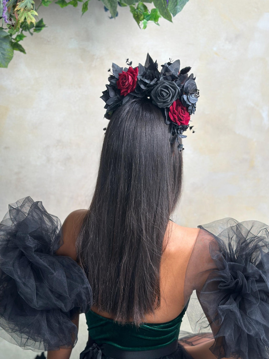 Black & Red Frida Flower Headband – Halloween Floral Crown, Statement Boho Headpiece – handmade floral hair accessory by magaela