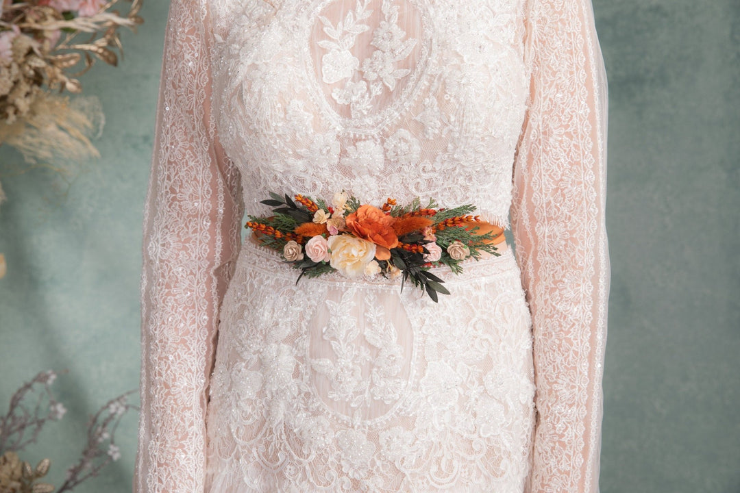 Terracotta Flower Bridal Belt: Orange Boho Wedding Dress Accessory – handmade floral hair accessory by magaela
