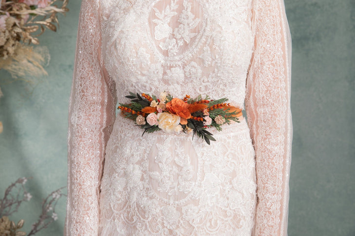 Terracotta Flower Bridal Belt: Orange Boho Wedding Dress Accessory – handmade floral hair accessory by magaela