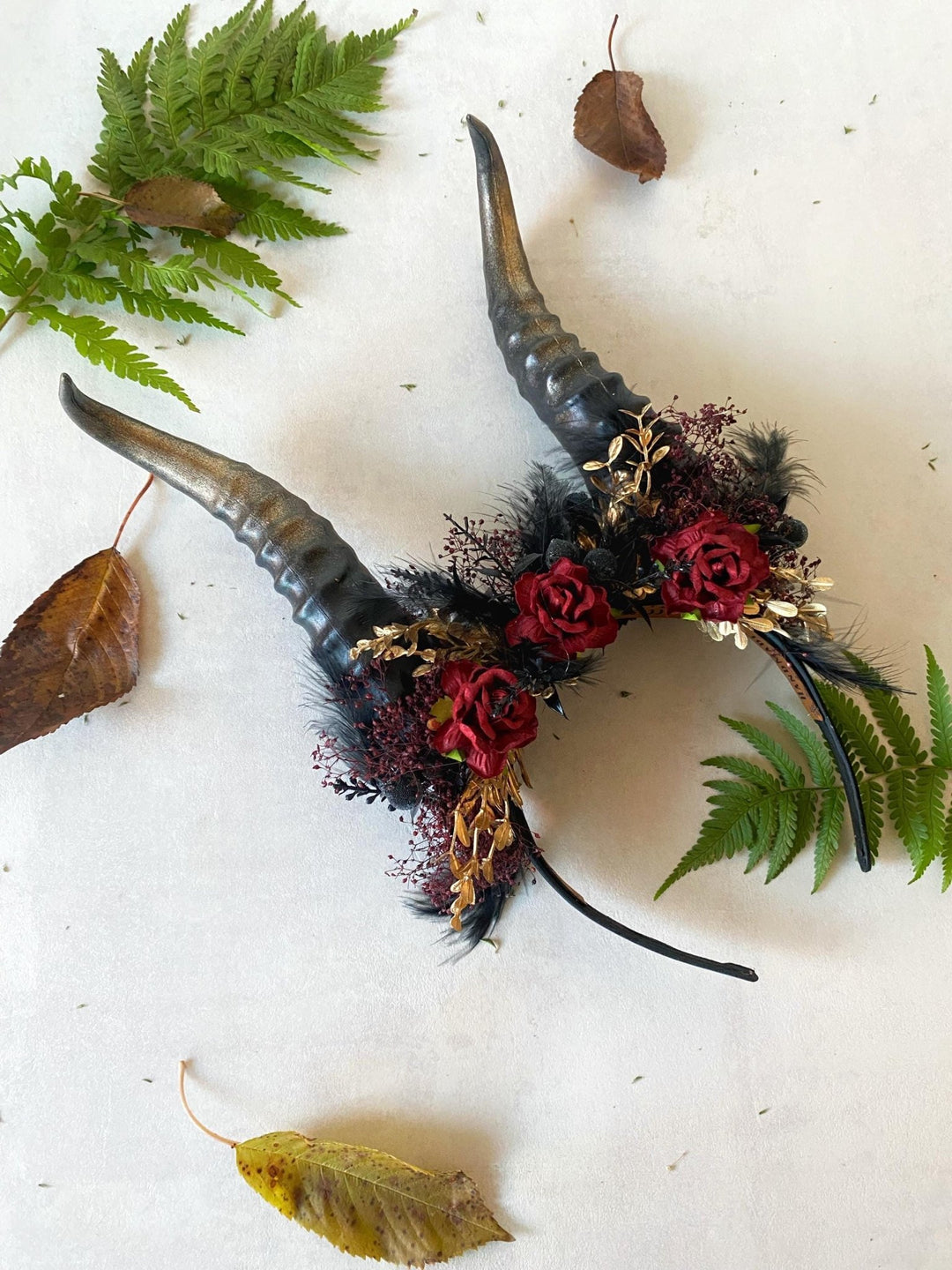 Black Horns Flower Crown: Gothic Wedding Headpiece, Pagan Fest – handmade floral hair accessory by magaela