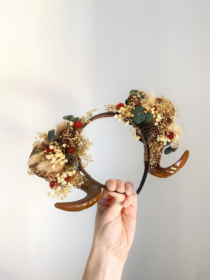 Woodland Horns Headband: Wicca Pagan Crown with Pine Cones – handmade floral hair accessory by magaela