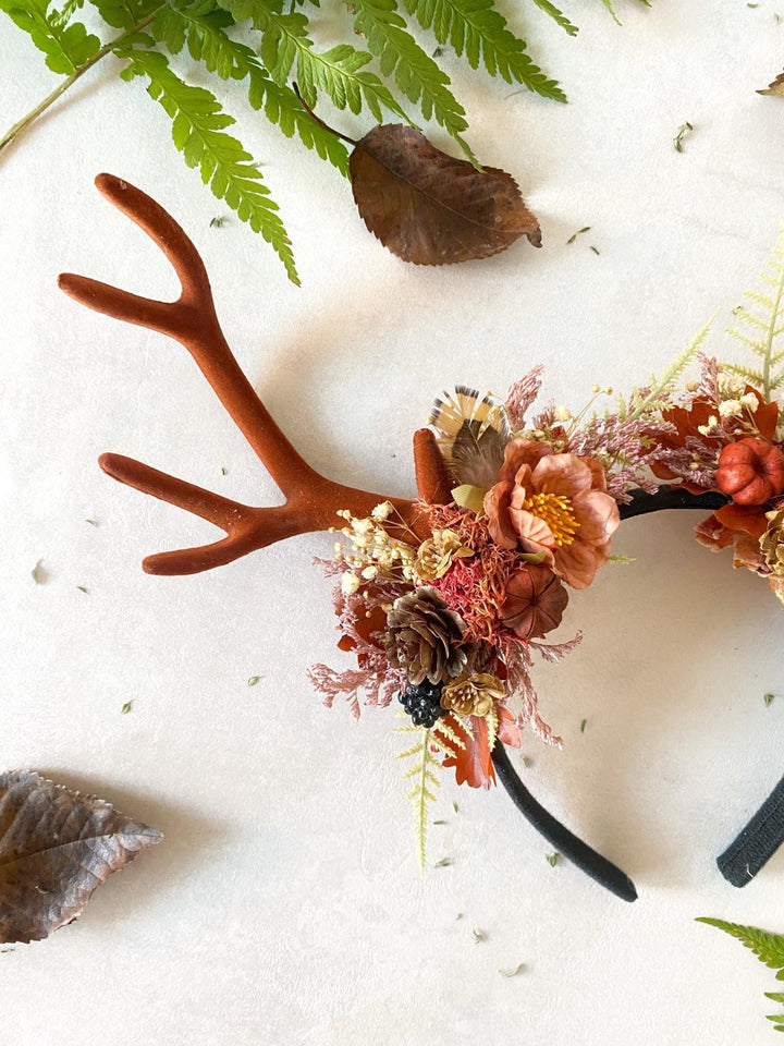 Antler Headpiece: Cinnamon Pumpkin Halloween Crown, Samhain Fairy Design – handmade floral hair accessory by magaela