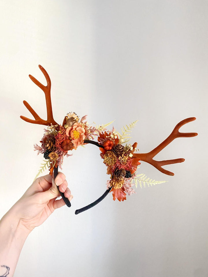 Antler Headpiece: Cinnamon Pumpkin Halloween Crown, Samhain Fairy Design – handmade floral hair accessory by magaela