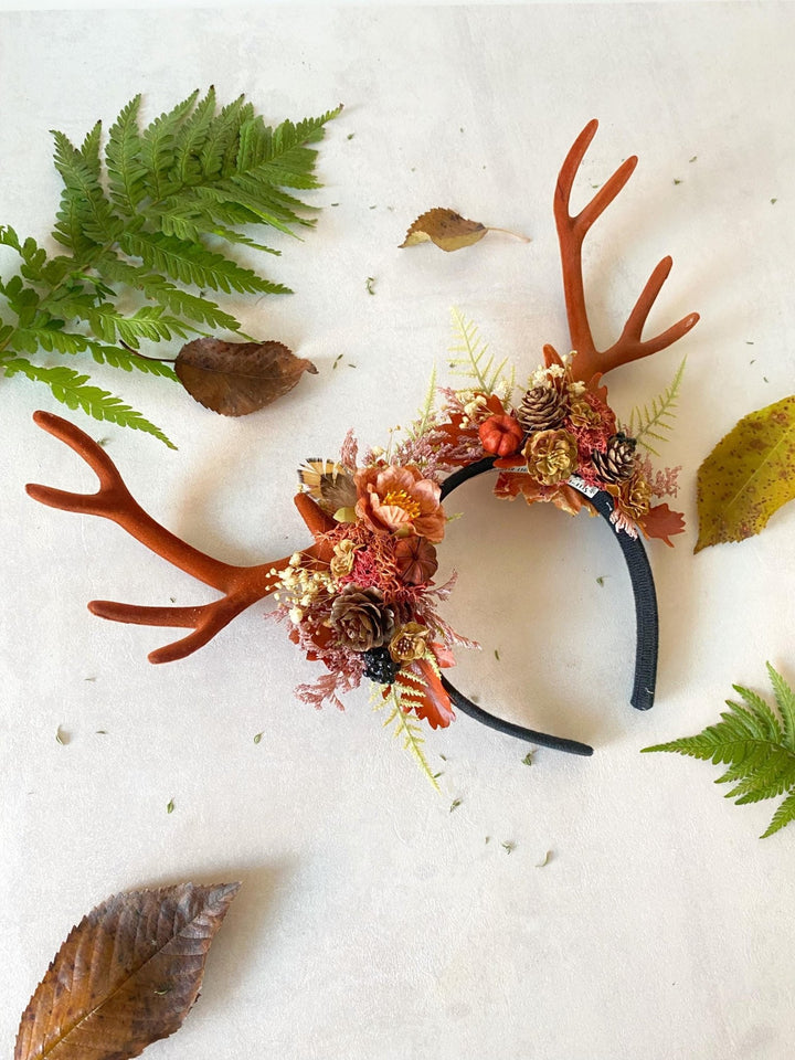 Antler Headpiece: Cinnamon Pumpkin Halloween Crown, Samhain Fairy Design – handmade floral hair accessory by magaela