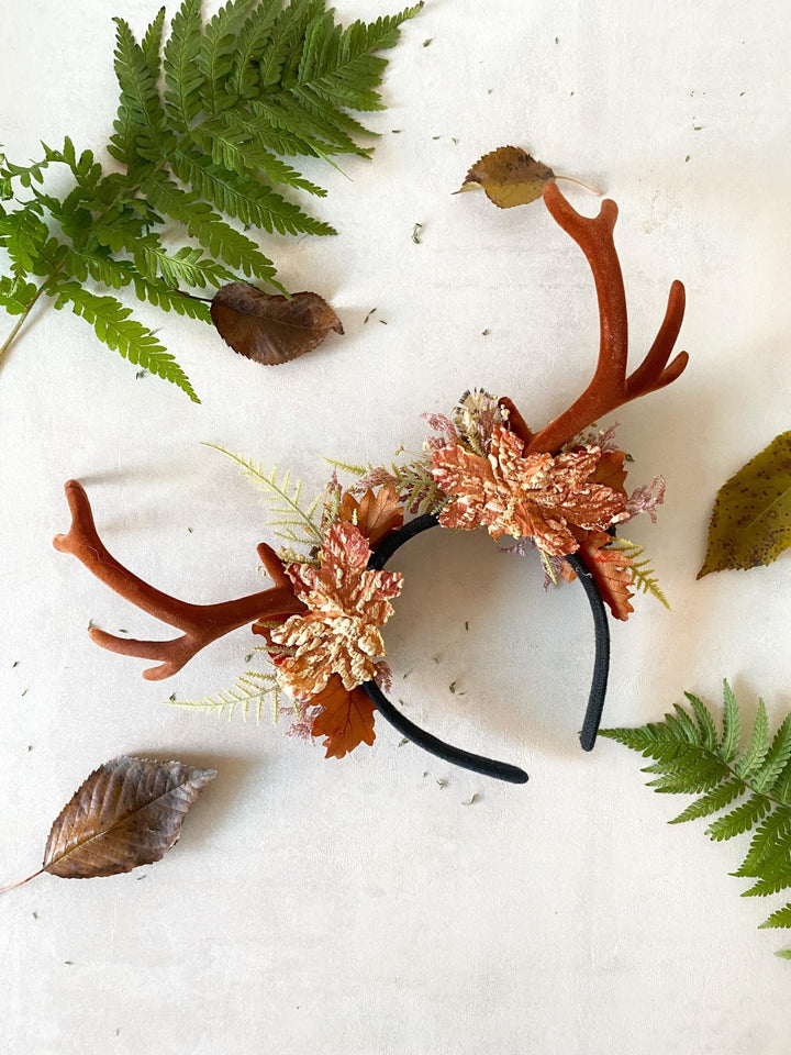 Antler Headpiece: Cinnamon Pumpkin Halloween Crown, Samhain Fairy Design – handmade floral hair accessory by magaela