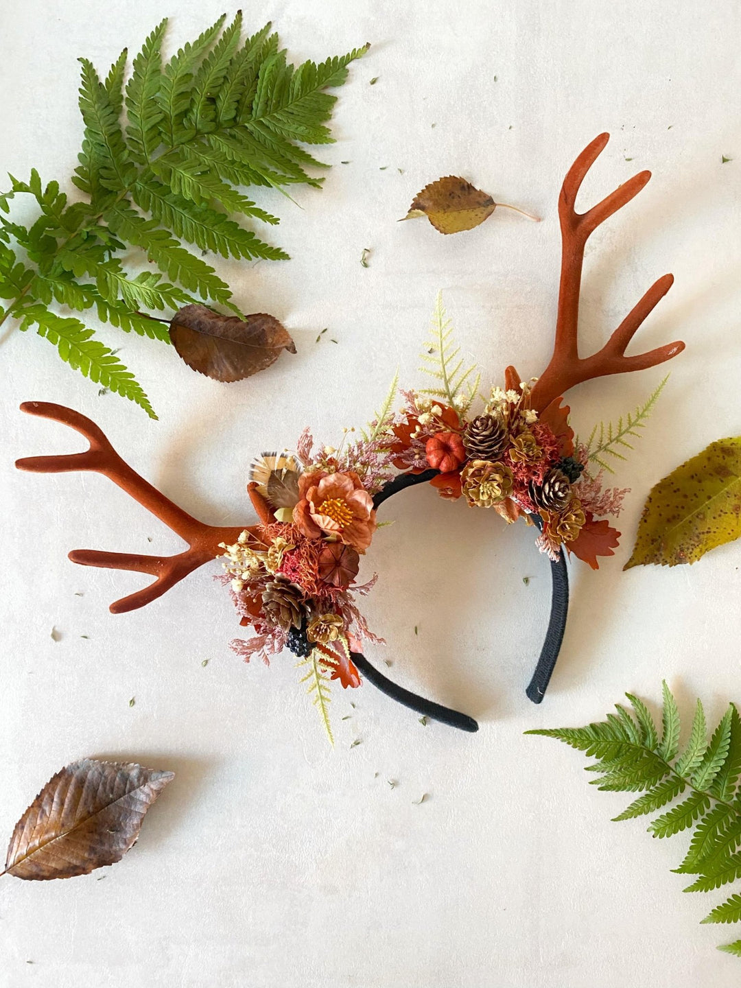 Antler Headpiece: Cinnamon Pumpkin Halloween Crown, Samhain Fairy Design – handmade floral hair accessory by magaela