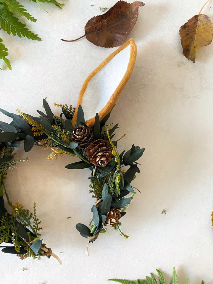 Woodland Fairy Crown: Pine Cone & Deer Ear Headband – handmade floral hair accessory by magaela