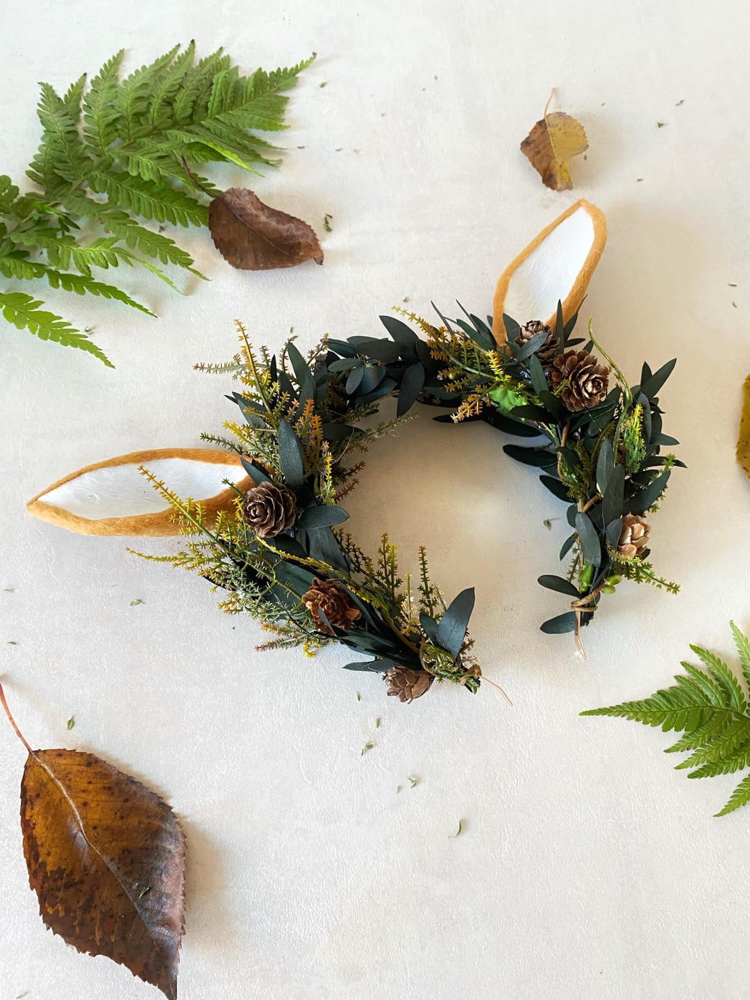 Woodland Fairy Crown: Pine Cone & Deer Ear Headband – handmade floral hair accessory by magaela