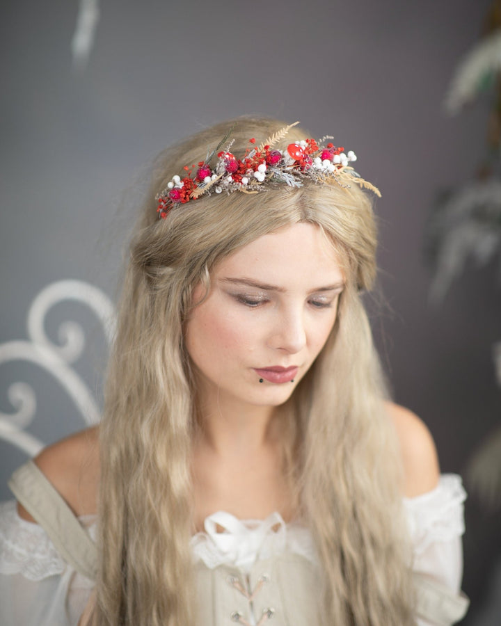 Red Woodland Flower Half Wreath: Mushroom Rosehip Fairy Crown – handmade floral hair accessory by magaela