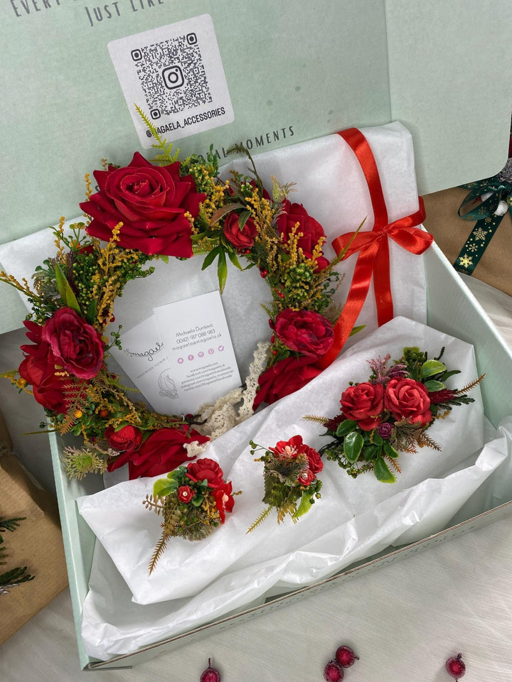 Red flower hair wreath, clip & earrings “A Legend of Passion” | Christmas gift for her | Winter wedding accessory – handmade floral hair accessory by magaela