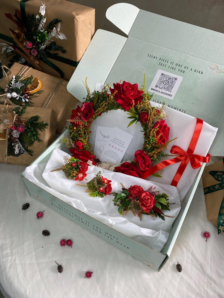 Red flower hair wreath, clip & earrings “A Legend of Passion” | Christmas gift for her | Winter wedding accessory – handmade floral hair accessory by magaela