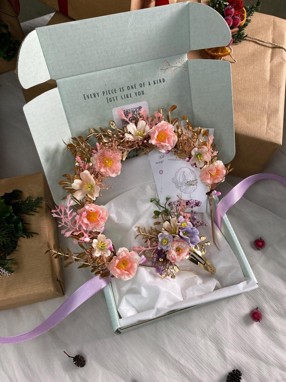 Handmade gift box "Little princess" - accessories (not only) for kids - headband and hair clip – handmade floral hair accessory by magaela