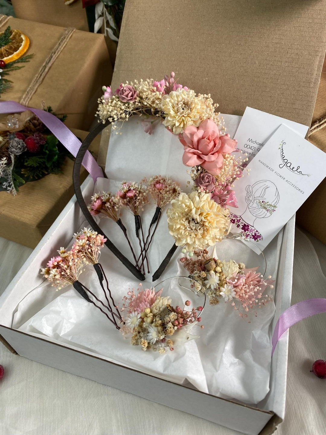Handmade gift box "Sweet romance" - romantic blush and ivory headband, earrings and set of hairpins – handmade floral hair accessory by magaela