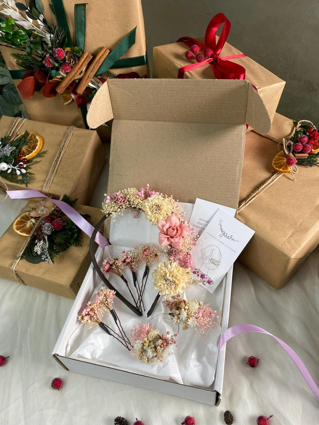 Handmade gift box "Sweet romance" - romantic blush and ivory headband, earrings and set of hairpins – handmade floral hair accessory by magaela