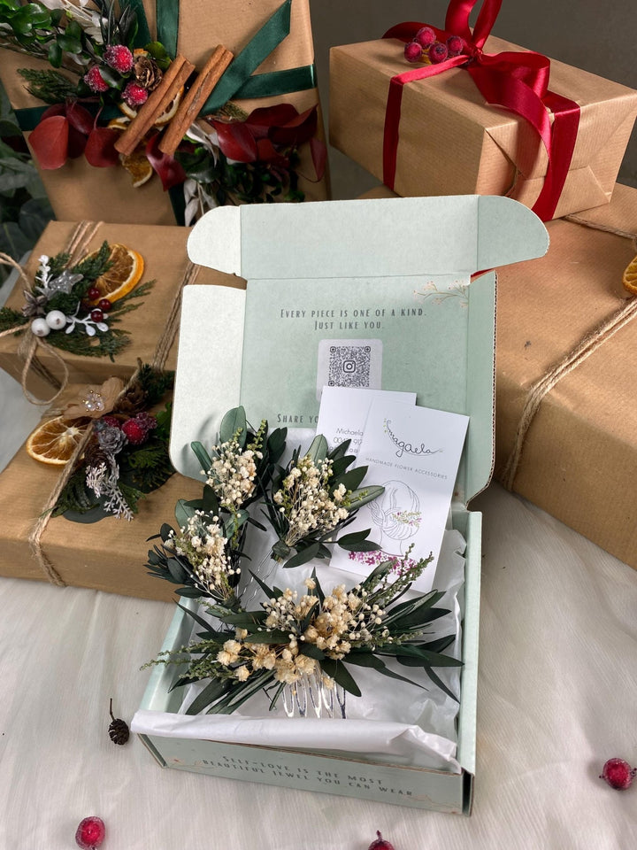 Handmade gift box "Breathe in the morning" - greenery hair comb and set of hairpins – handmade floral hair accessory by magaela