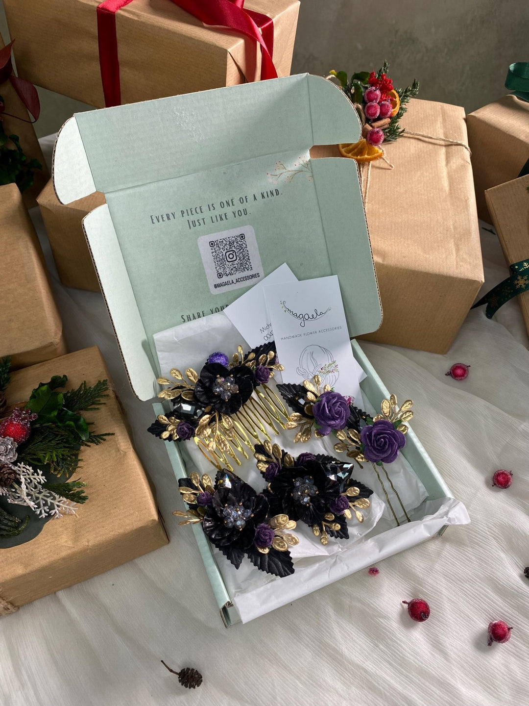 Handmade gift box "Taste of the night" - black and purple glamour hair comb, hairpins and shoes clips – handmade floral hair accessory by magaela