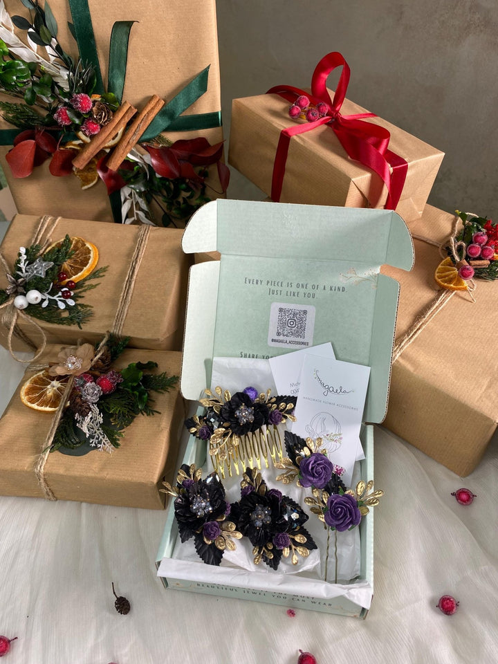 Handmade gift box "Taste of the night" - black and purple glamour hair comb, hairpins and shoes clips – handmade floral hair accessory by magaela