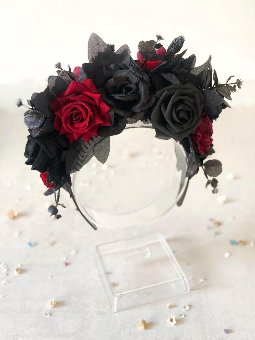Black & Red Frida Flower Headband – Halloween Floral Crown, Statement Boho Headpiece – handmade floral hair accessory by magaela