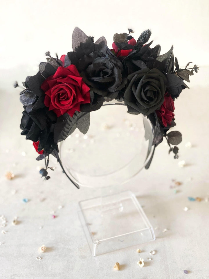 Black & Red Frida Flower Headband – Halloween Floral Crown, Statement Boho Headpiece – handmade floral hair accessory by magaela