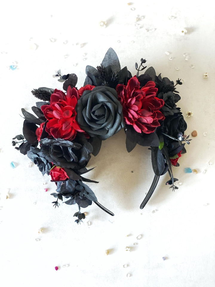 Black & Red Frida Flower Headband – Halloween Floral Crown, Statement Boho Headpiece – handmade floral hair accessory by magaela