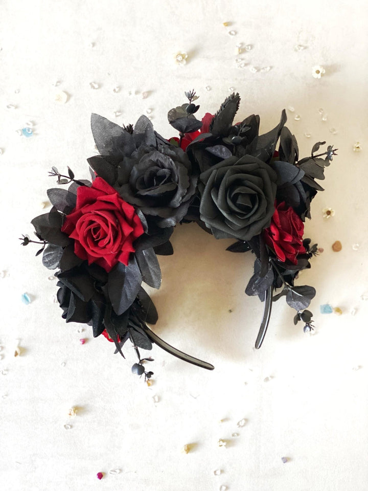 Black & Red Frida Flower Headband – Halloween Floral Crown, Statement Boho Headpiece – handmade floral hair accessory by magaela
