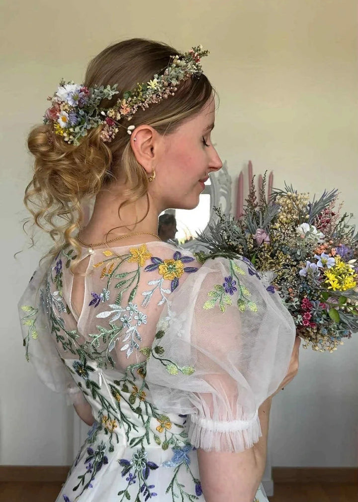 Wildflower Wedding Hair Wreath & Waterfall Comb Set – Boho Bridal Headpiece with Hanging Clips | Jeanne Collection