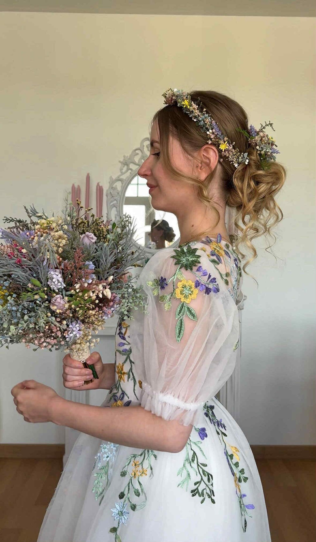 Floral Wedding Hair Wreath & Comb Set – Pastel Flower Crown, Fairy Bridal Hairpiece – handmade floral hair accessory by magaela