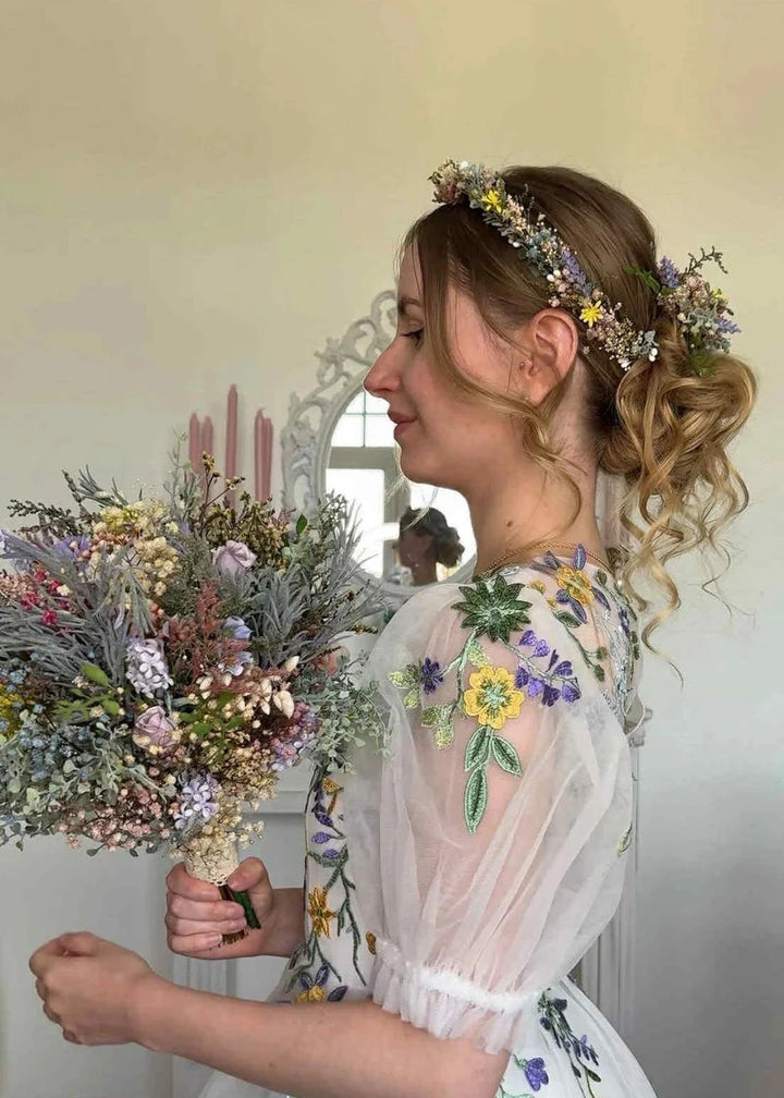 Wildflower Wedding Hair Wreath & Waterfall Comb Set – Boho Bridal Headpiece with Hanging Clips | Jeanne Collection