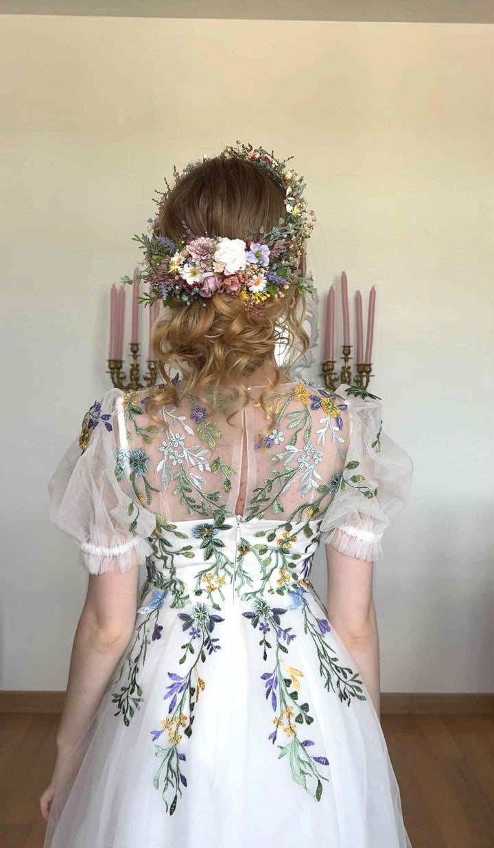 Floral Wedding Hair Wreath & Comb Set – Pastel Flower Crown, Fairy Bridal Hairpiece – handmade floral hair accessory by magaela