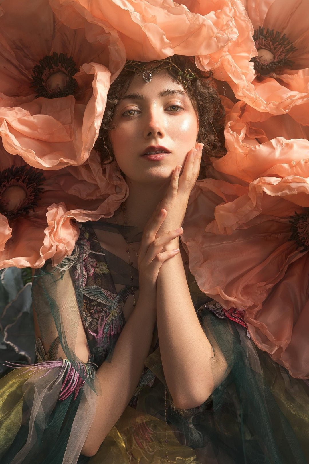 Woodland Wedding Tiara – Green Gold Elven Crown – handmade floral hair accessory by magaela