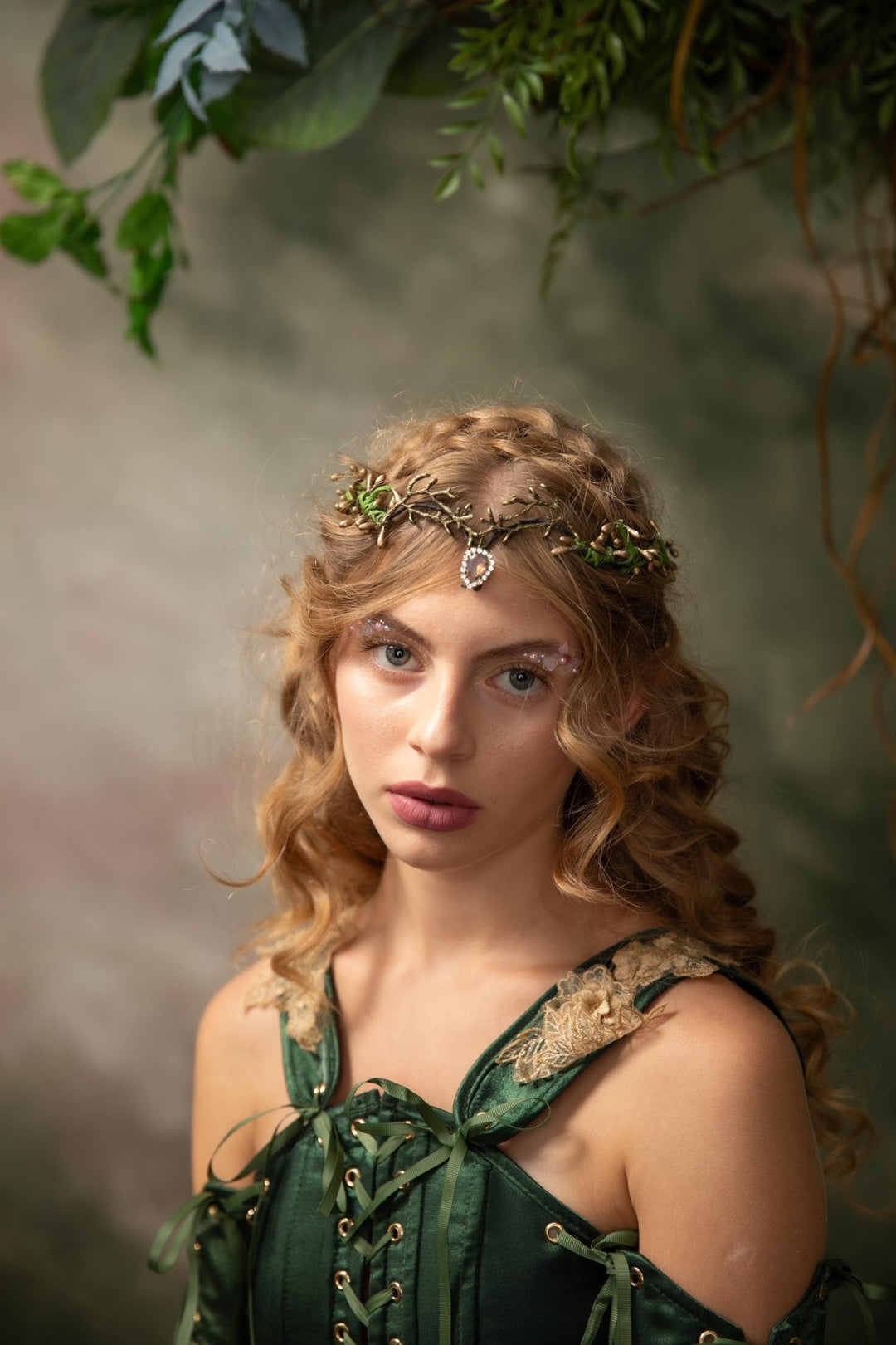 Woodland Wedding Tiara – Green Gold Elven Crown – handmade floral hair accessory by magaela
