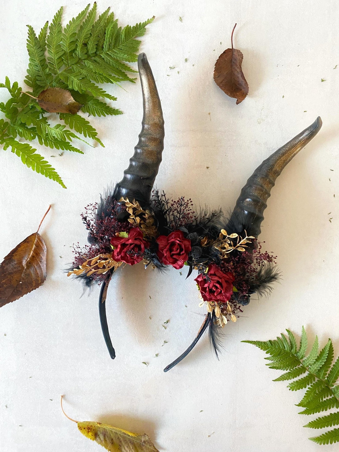 Black Horns Flower Crown: Gothic Wedding Headpiece, Pagan Fest – handmade floral hair accessory by magaela