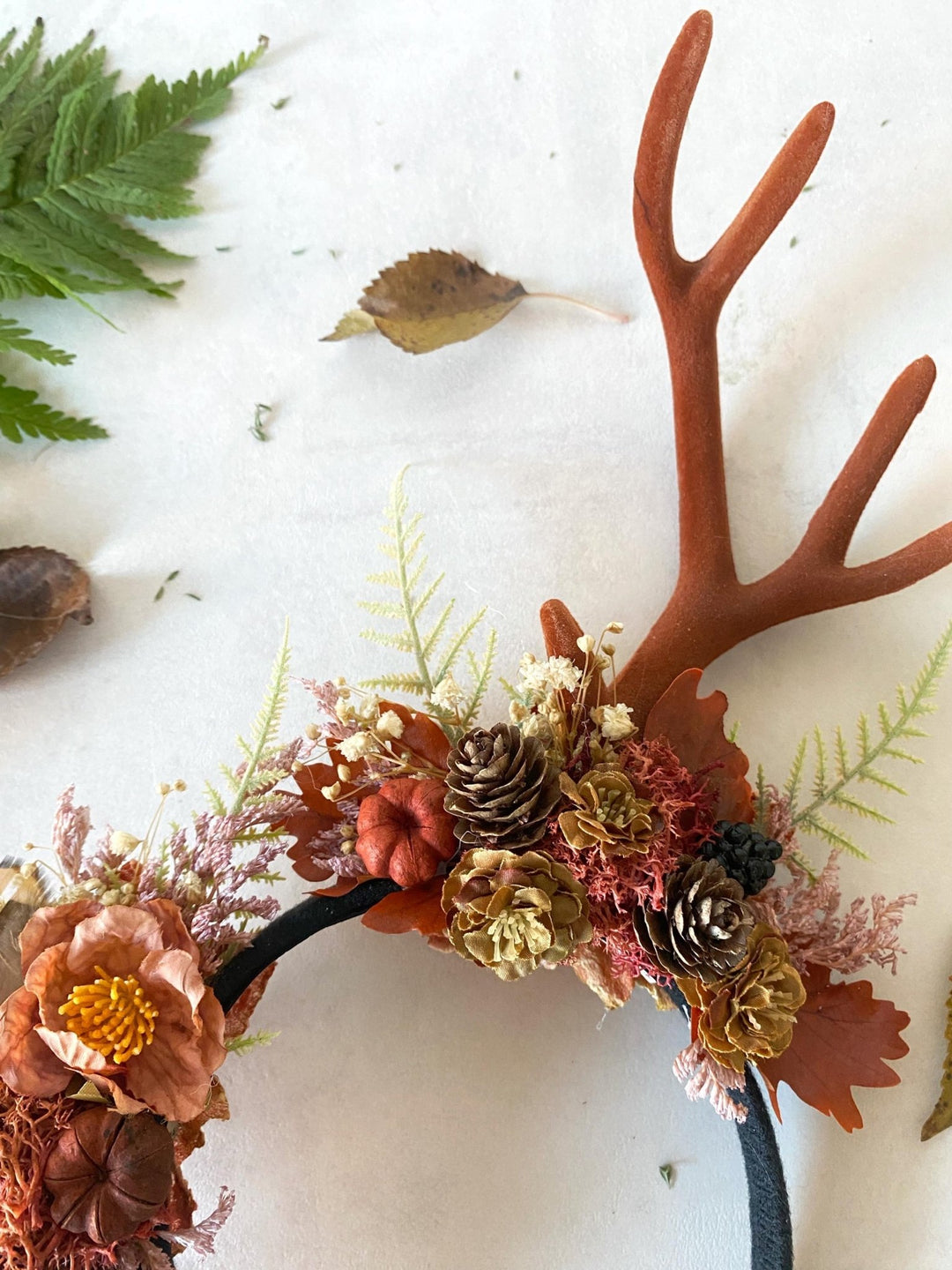 Antler Headpiece: Cinnamon Pumpkin Halloween Crown, Samhain Fairy Design – handmade floral hair accessory by magaela