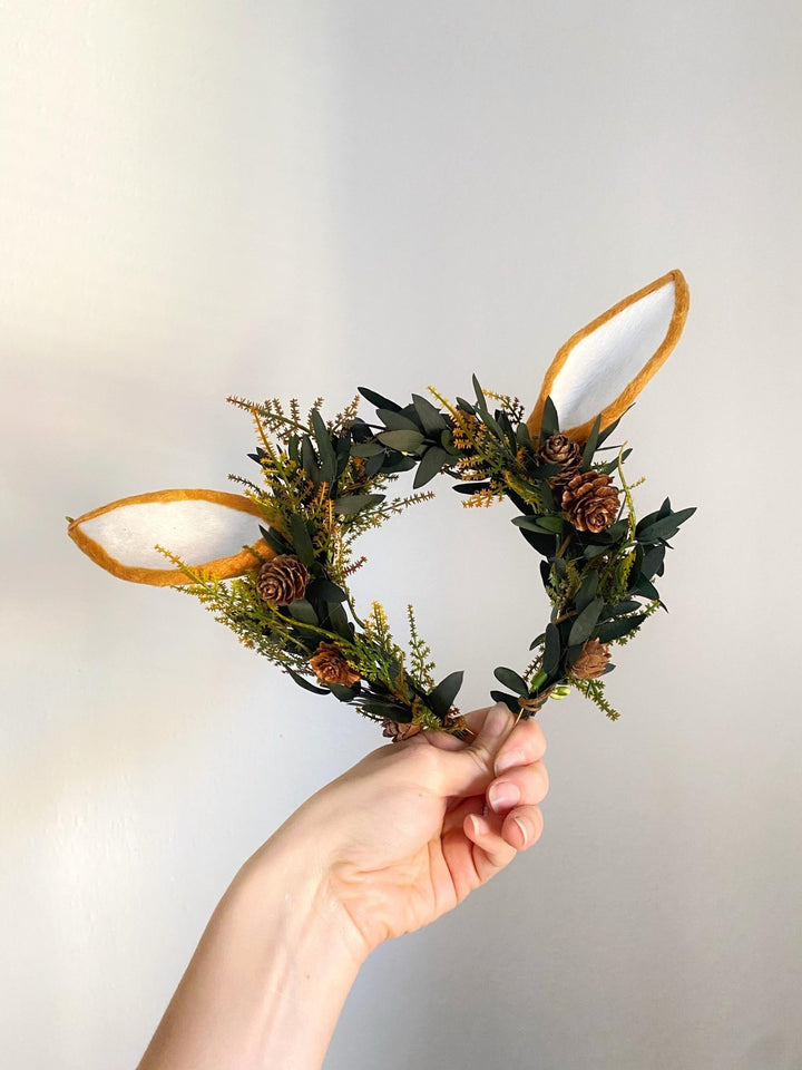 Woodland Fairy Crown: Pine Cone & Deer Ear Headband – handmade floral hair accessory by magaela