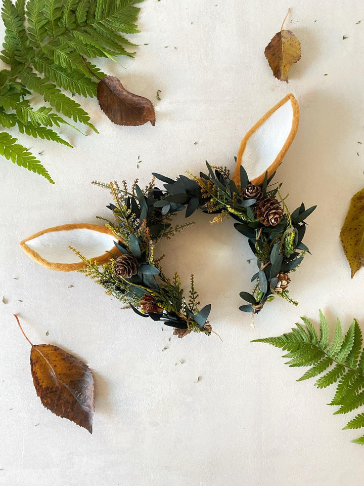 Woodland Fairy Crown: Pine Cone & Deer Ear Headband – handmade floral hair accessory by magaela