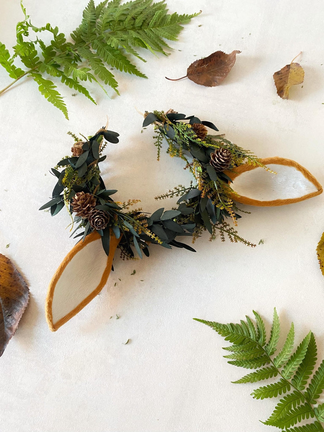 Woodland Fairy Crown: Pine Cone & Deer Ear Headband – handmade floral hair accessory by magaela
