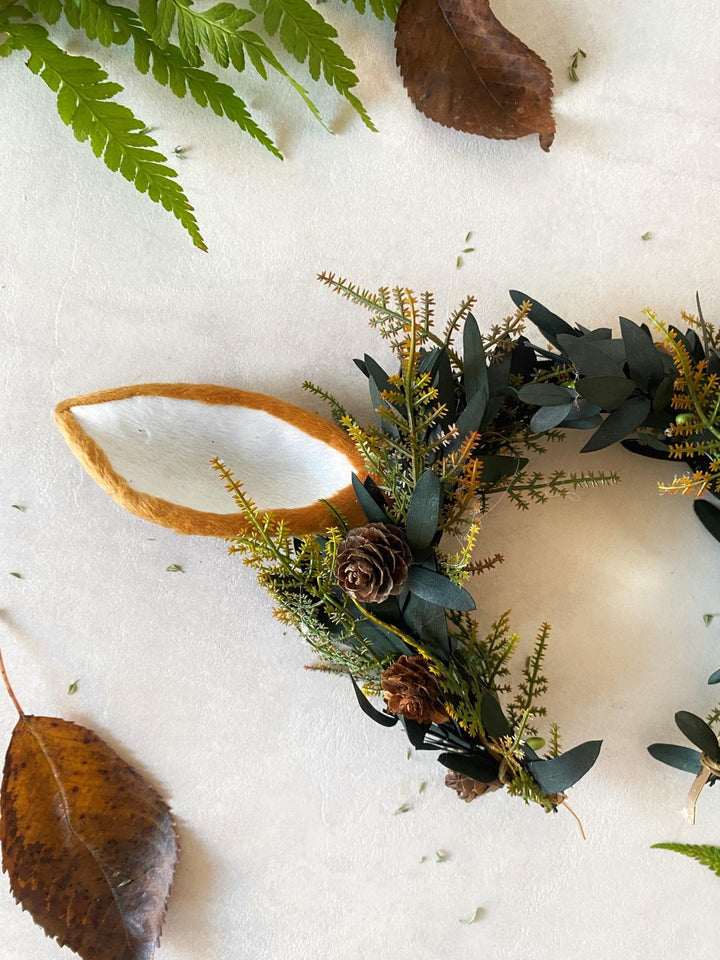Woodland Fairy Crown: Pine Cone & Deer Ear Headband – handmade floral hair accessory by magaela