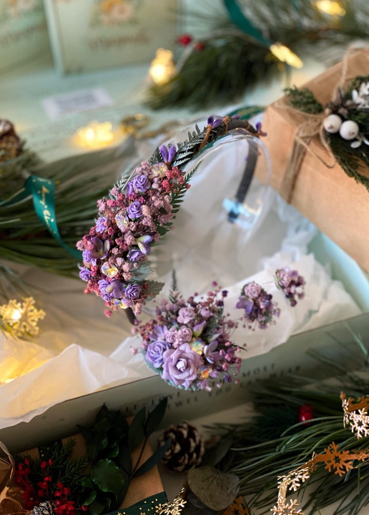 Handmade gift box "Flashes of dimming" - purple headband, brooch and earrings – handmade floral hair accessory by magaela