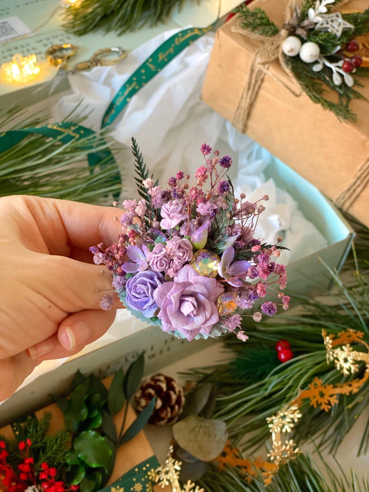 Handmade gift box "Flashes of dimming" - purple headband, brooch and earrings – handmade floral hair accessory by magaela