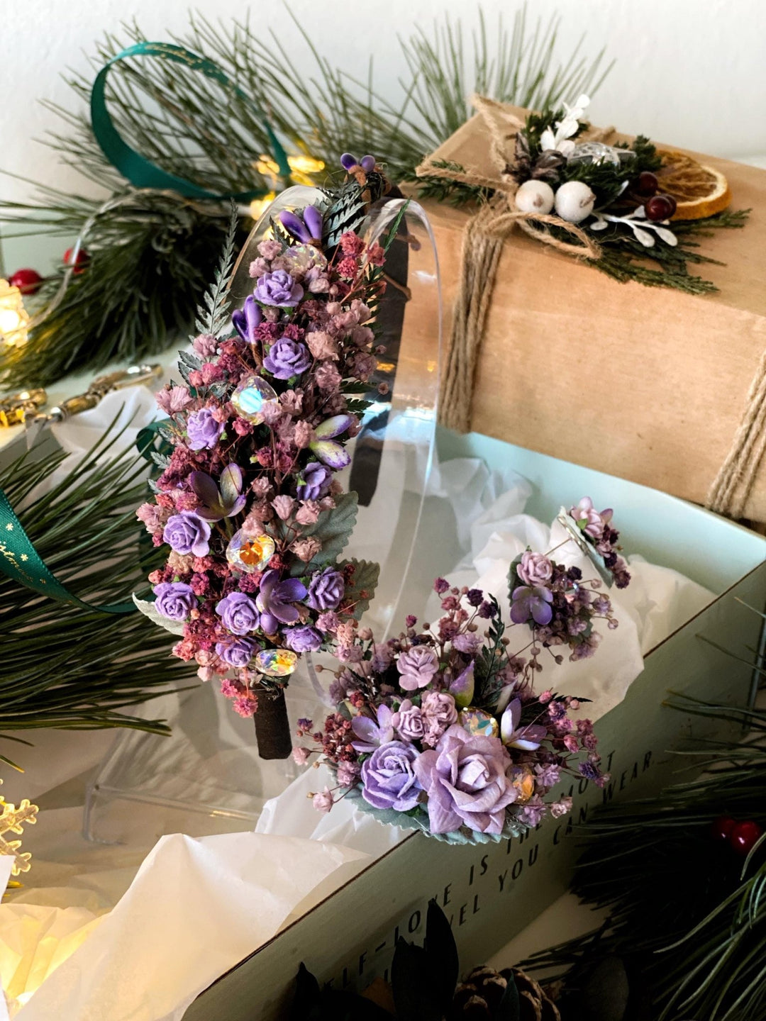 Handmade gift box "Flashes of dimming" - purple headband, brooch and earrings – handmade floral hair accessory by magaela