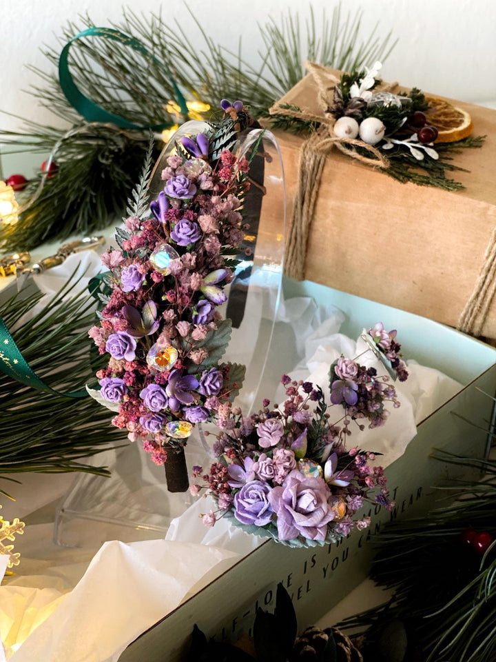 Handmade gift box "Flashes of dimming" - purple headband, brooch and earrings – handmade floral hair accessory by magaela