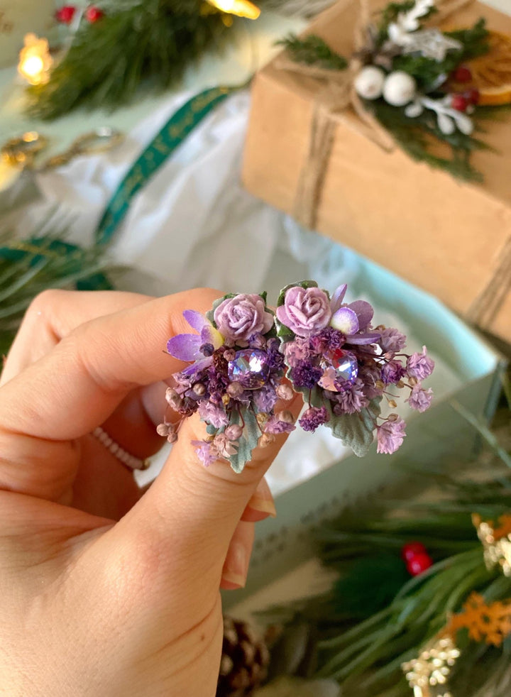 Handmade gift box "Flashes of dimming" - purple headband, brooch and earrings – handmade floral hair accessory by magaela