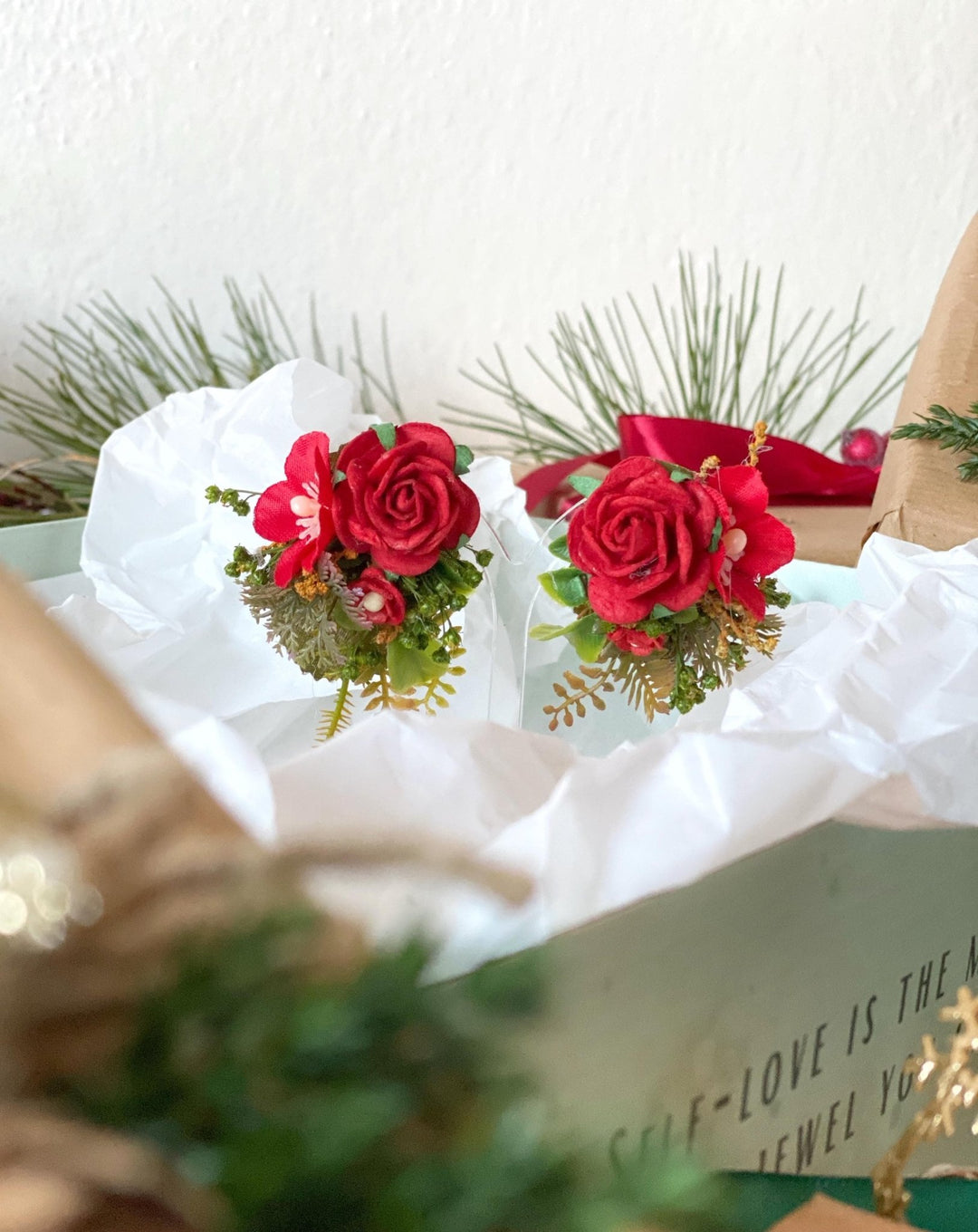 Red flower hair wreath, clip & earrings “A Legend of Passion” | Christmas gift for her | Winter wedding accessory – handmade floral hair accessory by magaela