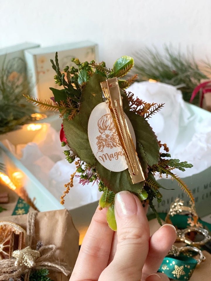 Red flower hair wreath, clip & earrings “A Legend of Passion” | Christmas gift for her | Winter wedding accessory – handmade floral hair accessory by magaela