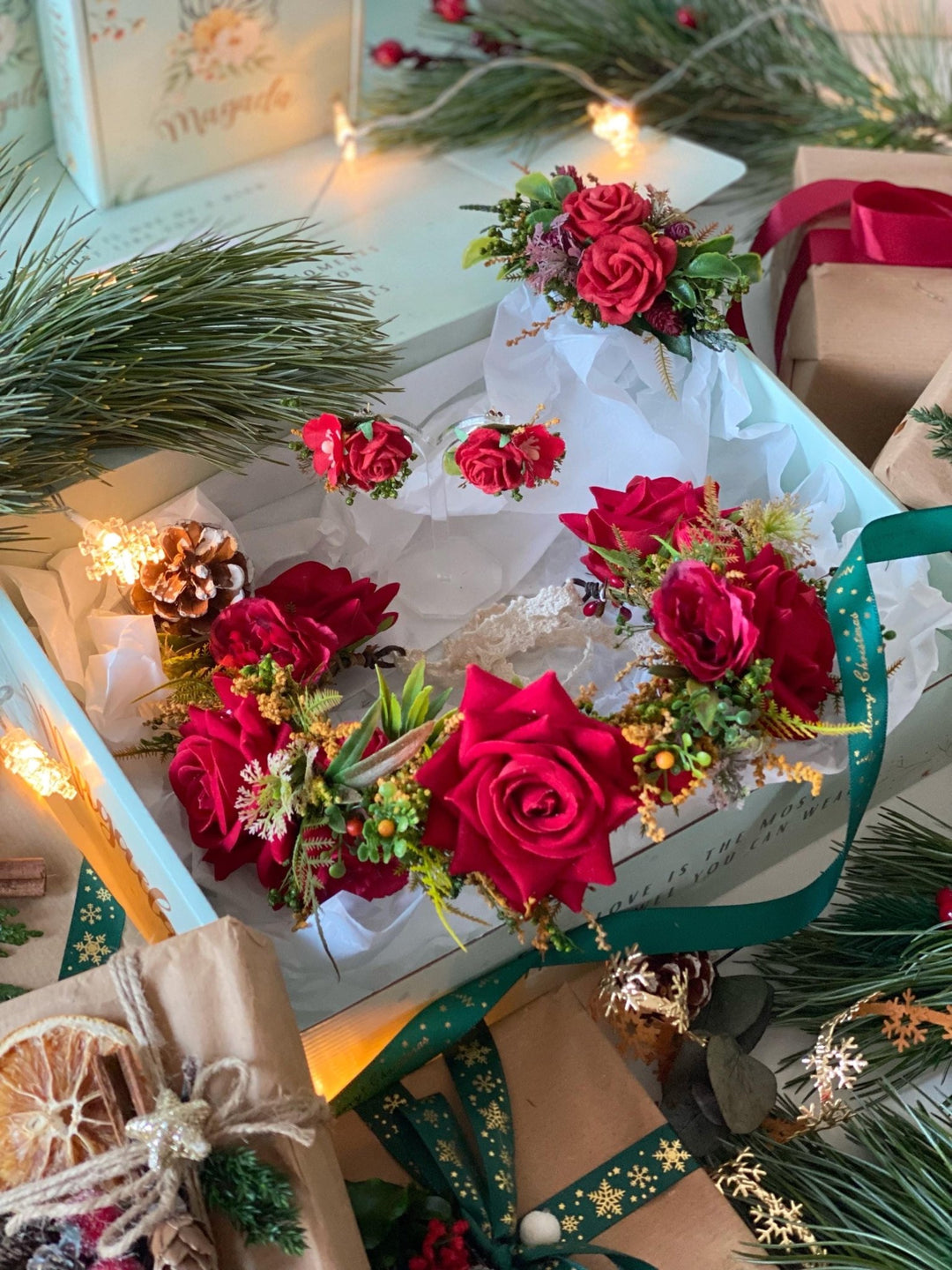 Red flower hair wreath, clip & earrings “A Legend of Passion” | Christmas gift for her | Winter wedding accessory – handmade floral hair accessory by magaela